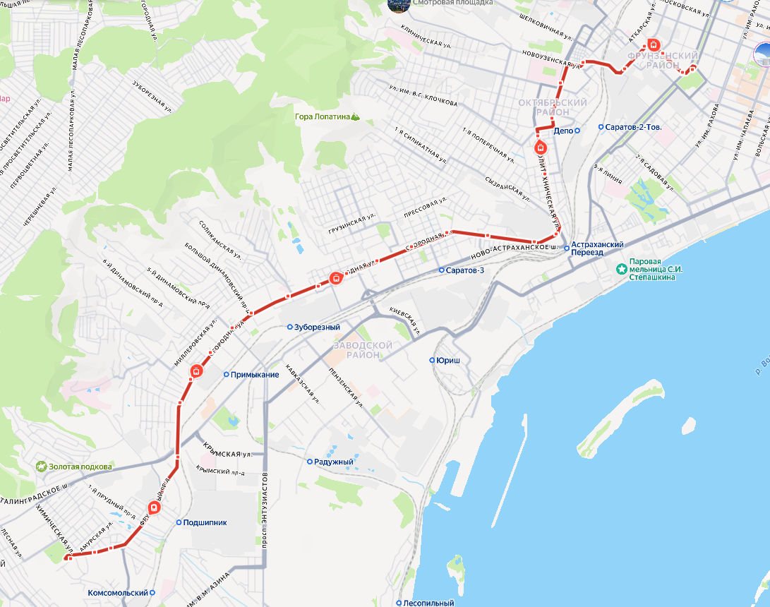 Трамвай 9д Саратов - Детский парк - пос. Комсомольский - расписание, маршрут, остановки Маршрут движения трамвая 9д в Саратове - Детский парк - пос. Комсомольский
